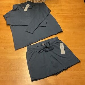 MONO B - French Terry Sweat Set. Pullover & Shorts, Navy, Small